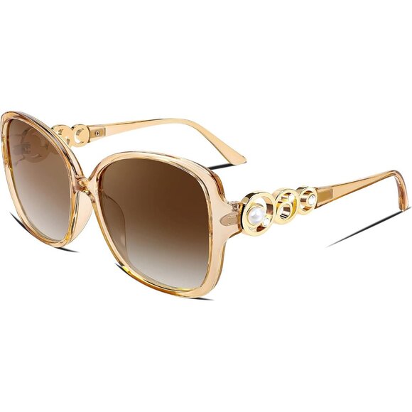 Womens Gold Fashion Sunglasses Square Frame With Pearl Sparkling Eyes Protection - Picture 1 of 15